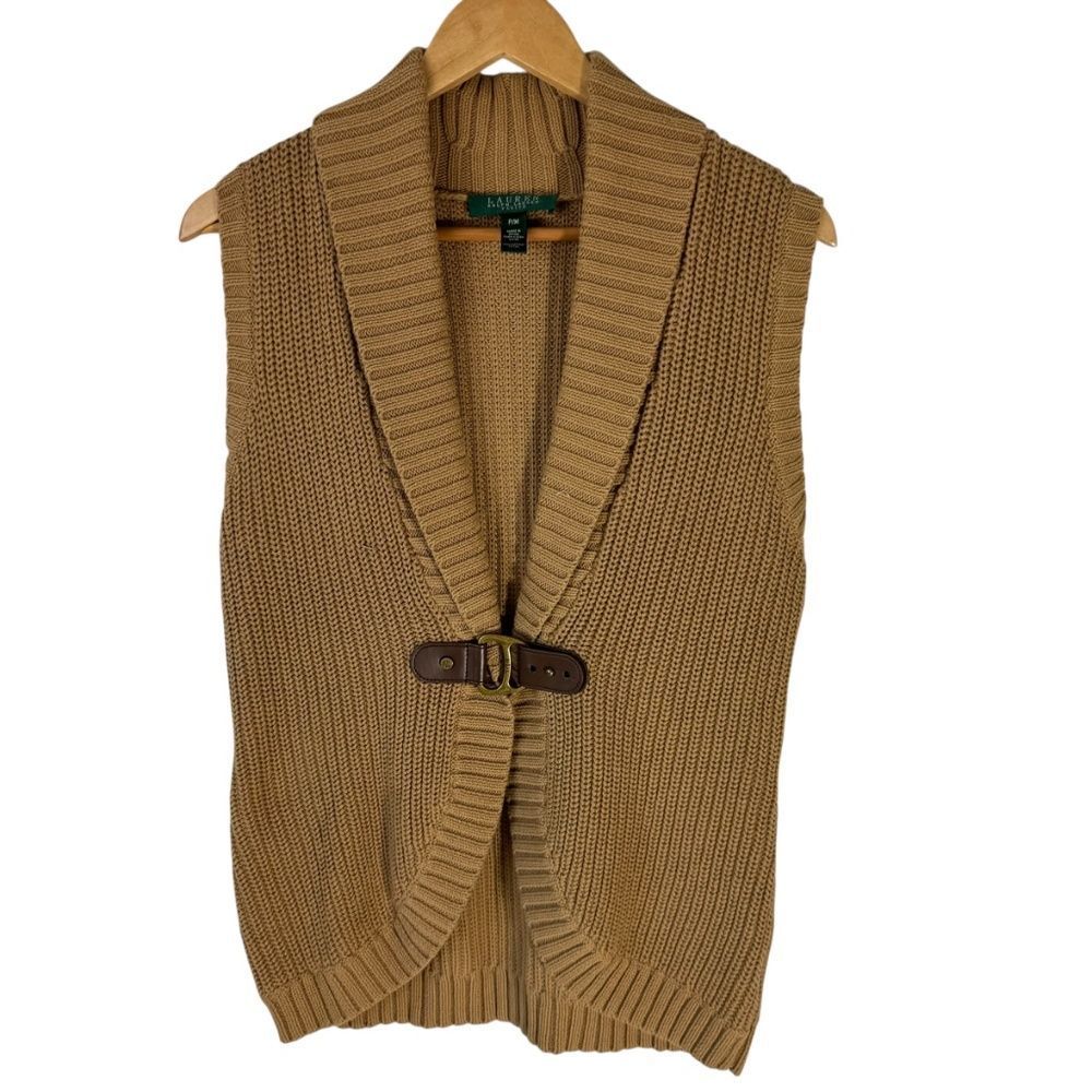 Lauren Ralph Lauren Y2K Tan Cotton Cable Knit Open Front Vest Sz P/M